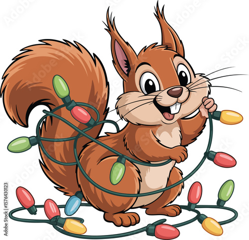 Cheerful squirrel entangled in colorful holiday lights cartoon illustration