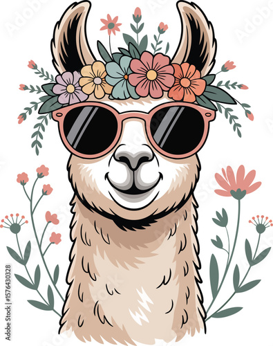 Cool llama wearing sunglasses and floral crown surrounded by flowers animal