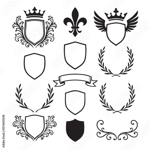 Vintage gold royal heraldic shield vector illustration set with crown, ribbon, and laurel wreath design