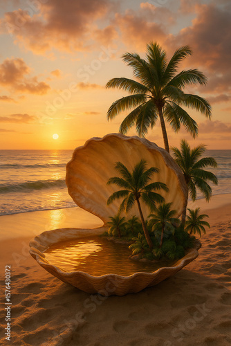 Landscapes of Sunset Oasis Hidden in a Giant Seashell