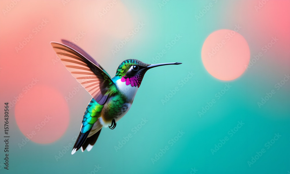 Fototapeta premium Vibrant hummingbird in flight against a soft colorful bokeh background.