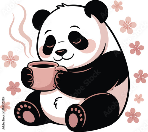 Cute panda enjoying a warm drink surrounded by flowers bear animal