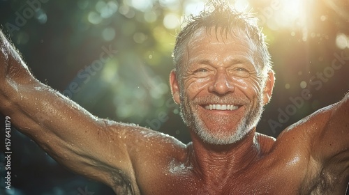 A joyful, mature man's portrait in a radiant setting.