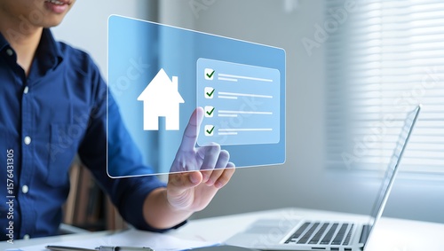Person interacting with a digital interface displaying a house icon and a checklist with completed tasks representing real estate or property management