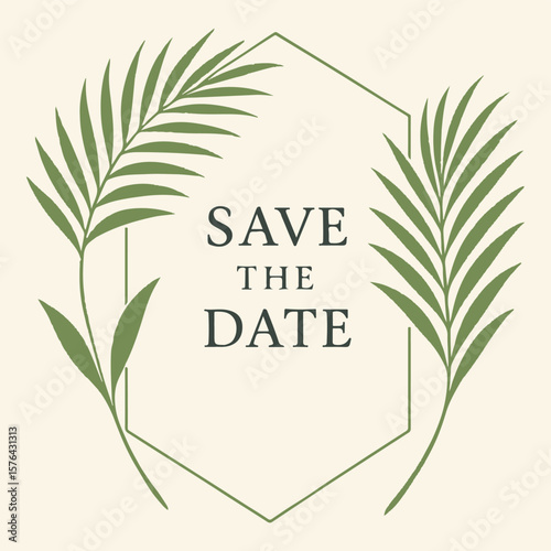 Green vector illustration of abstract nature with a decorative pine tree branch, leaves, and bamboo for a tropical spring design