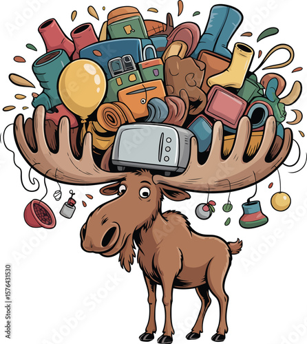 Moose carrying colorful objects on antlers vector