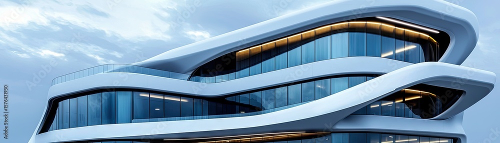 Fototapeta premium Modern building with curved facade and glass windows.