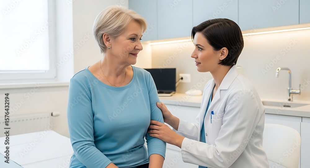 Fototapeta premium Caring doctor reassures elderly patient during a consultation in a modern medical examination room