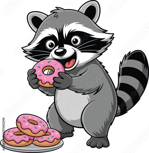 Raccoon enjoying pink frosted donuts animal cartoon