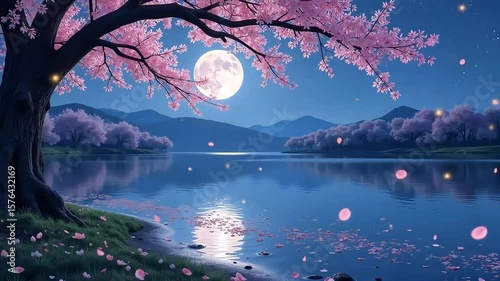 A serene lake reflecting the full moon surrounded by cherry blossom trees at night time scene