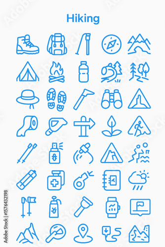 A collection of line art icons depicting various items and activities associated with hiking and outdoor adventures.