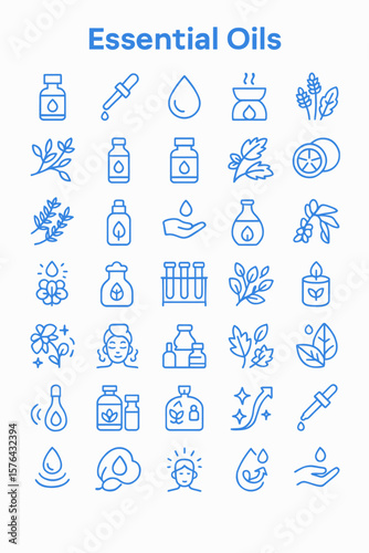 Collection of essential oil themed line icons, including bottles, plants, and aromatherapy elements, displayed in a grid layout.