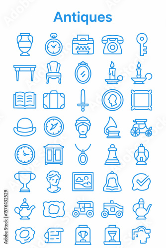 A collection of blue line art icons representing various antique objects.