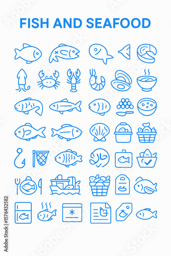 Collection of blue line icons depicting various fish and seafood products, preparation methods, and related activities.