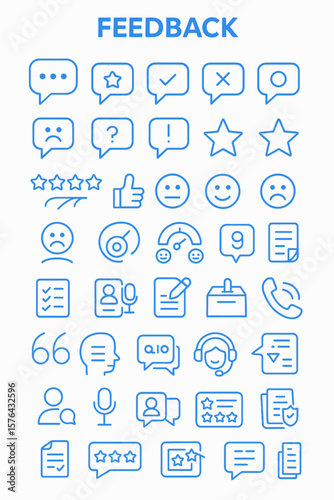 A collection of feedback icons depicting various customer review elements, including ratings, comments, and satisfaction indicators.