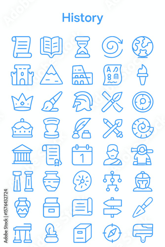 A collection of light blue line icons depicting historical artifacts, symbols, and concepts.