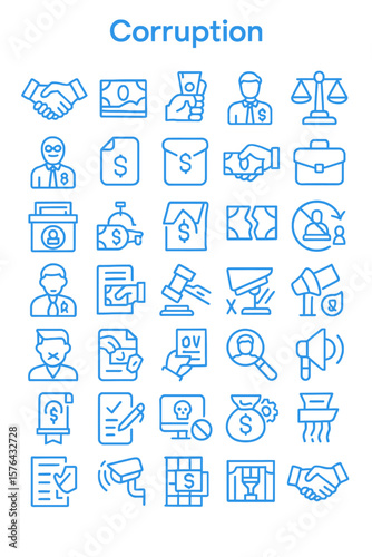 A collection of line icons depicting various aspects of corruption, including bribery, fraud, and legal violations.