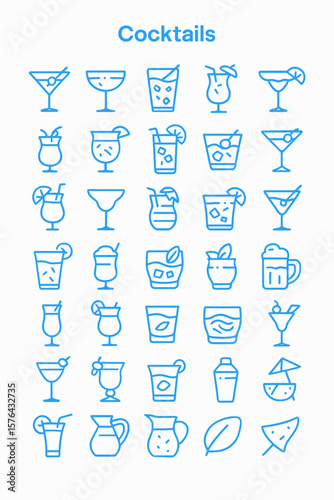 A collection of thirty diverse cocktail illustrations, showcasing various glassware and garnishes.