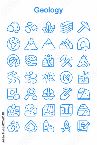 A collection of blue line icons illustrating various geological concepts, including rocks, minerals, landforms, tools, and fossils.