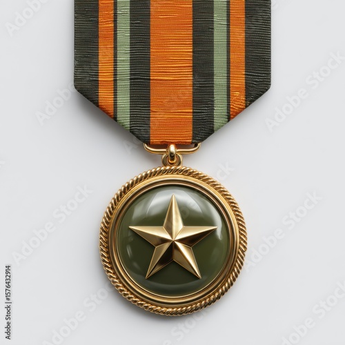 Gold star medal with green and orange striped ribbon isolated on white background