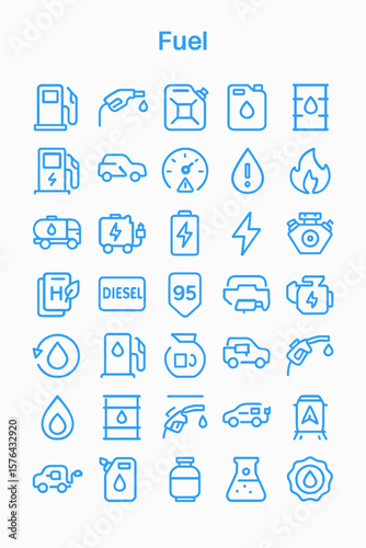 A collection of blue line icons depicting various fuel types, vehicles, and refueling methods.