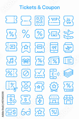 A collection of various ticket and coupon icons, outlined in blue, representing different offers and discounts.