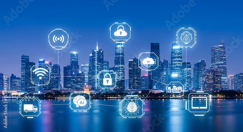 Cityscape with Digital Icons Representing Technology and Smart City Concepts