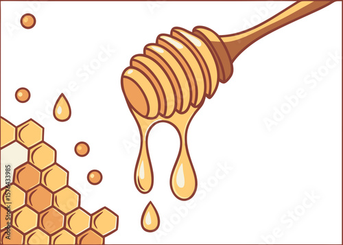 Honey dripping from wooden dipper beside honeycomb concept of timelapse  
