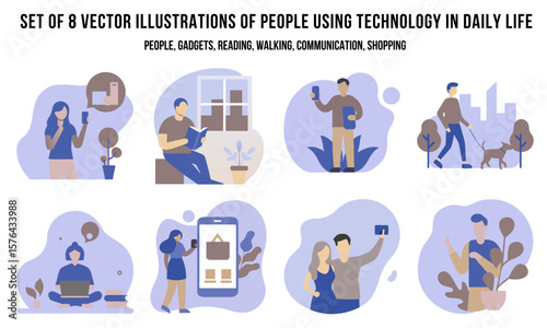 Set of vector illustrations of people using technology in daily life  