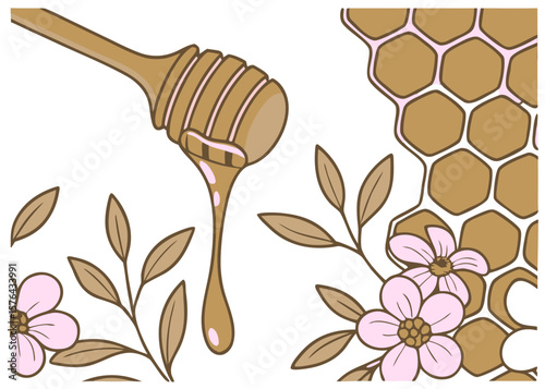 Honey dripping from wooden dipper with honeycomb and flowers  