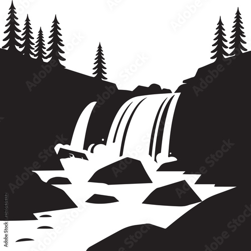 Stylized black and white silhouette of a waterfall cascading over rocks with pine trees