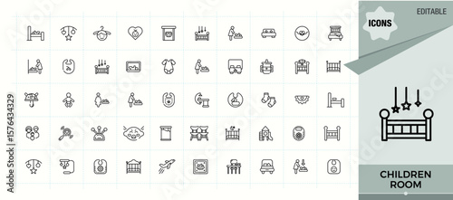 Children Room icon set in linear style. Furniture icon set. Thin icons set. Featuring bedroom, bed, child room, decor, interior, room and more. Pixel perfect. Editable vector.
