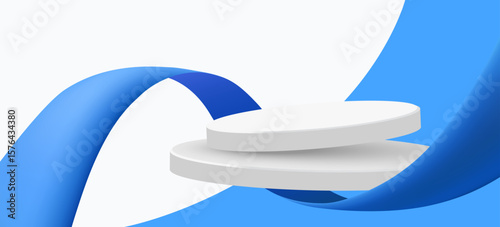 Abstract scene background. Cylinder podium background with ribbons. Product presentation, mock up, show cosmetic product, Podium, stage pedestal or platform. Vector illustration