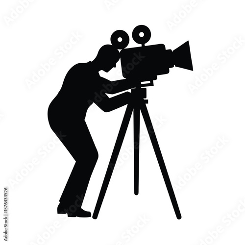 Cameraman shooting with camera on tripod silhouette vector illustration