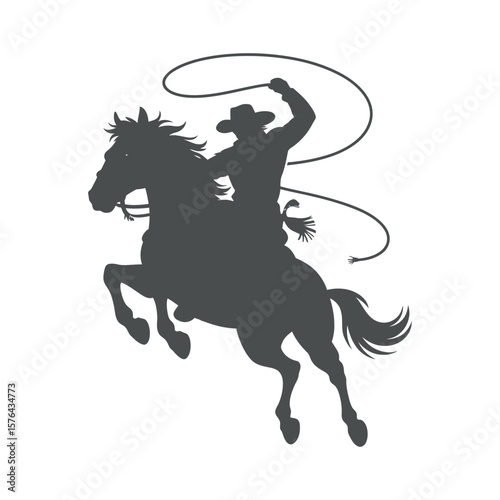 Silhouette of Cowboy Riding a Rearing Horse and Swinging a Lasso Western Icon Rodeo Rancher Isolated on White Background Vector Illustration