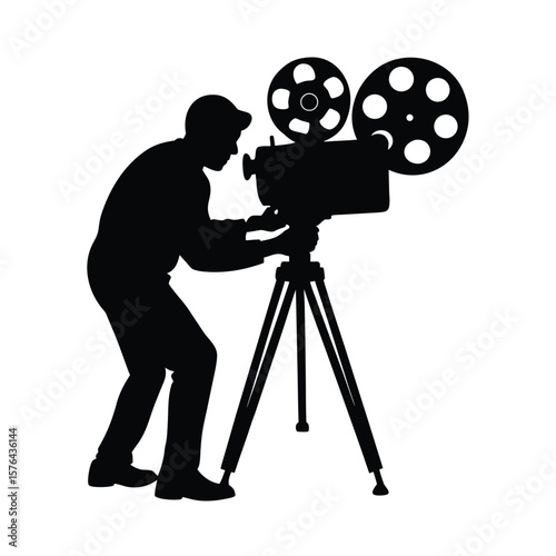 Cameraman operating film camera on tripod silhouette vector illustration