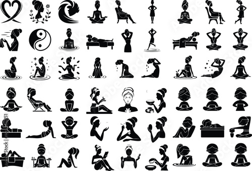 Spa Girl with Towel Silhouette – Beauty & Relaxation Icon Set Wellness Spa Female Icon – Towel Wrap Silhouette Vector Design
