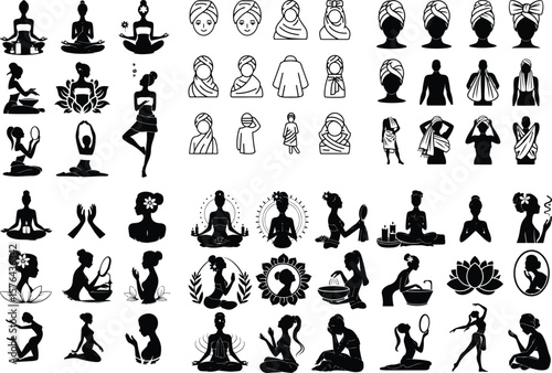 Spa Girl with Towel Silhouette – Beauty & Relaxation Icon Set Wellness Spa Female Icon – Towel Wrap Silhouette Vector Design