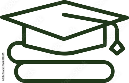 Academic Knowledge Icon. Graduation Cap on a Stack of Two Books, Line Art Symbol.