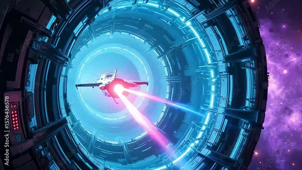 A spaceship flying through a blue portal with lasers firing in a purple nebula background view