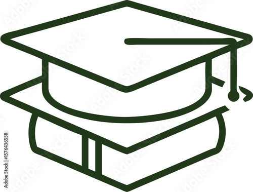 Academic Knowledge Icon. Graduation Cap on a Stack of Two Books, Line Art Symbol.
