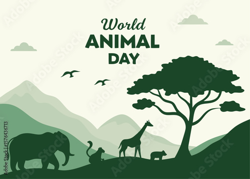 Canvas Print World Animal Day Illustration Silhouette Animals in a Green Landscape with Birds