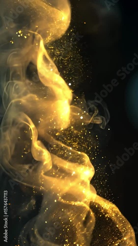 Abstract golden smoke with glitter floating on dark background  
