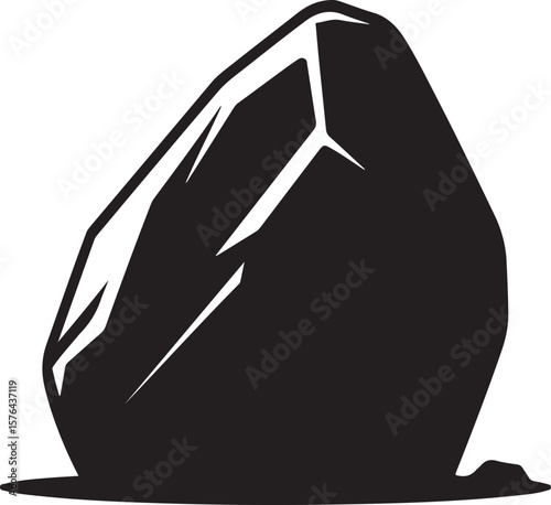 A bold black silhouette of a large rock with sharp edges and a textured surface