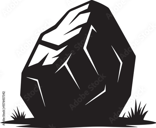 Sharp jagged rock with grass silhouette on white background