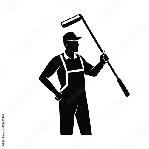 Painter with roller in overalls uniform silhouette vector illustration
