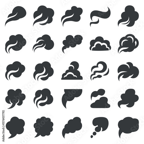 Set of Steam Smoke Cloud Silhouette Vector Icons Different Shapes Black and White Isolated on White Background Flat Design Style