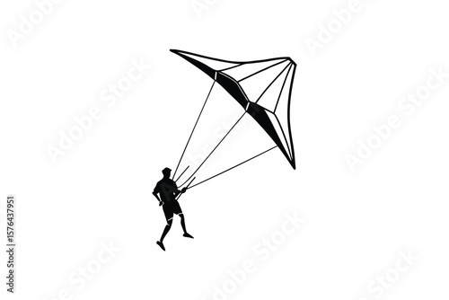Silhouette of Man Power Kiting on White Background Depicting Extreme Sports and Outdoor Activities Styled as a Bold Silhouette