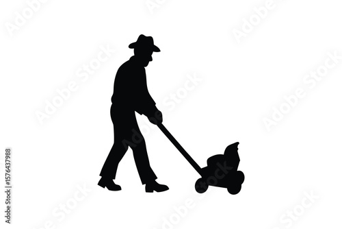Man in Hat Mowing Lawn Garden Work Lawn Care Silhouette Style Isolated on White Background Black Silhouette