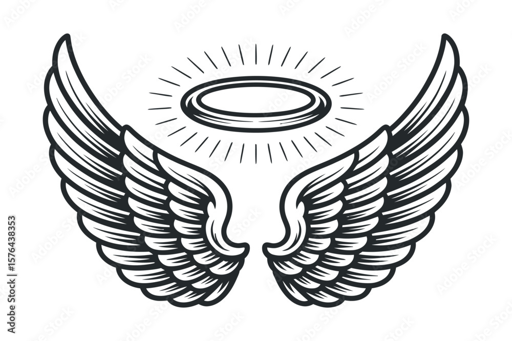 Obraz premium Elegant Angel Wings with Halo Vector Illustration Symbol of Spirituality Religion and Divine Protection Perfect for Graphic Design and Tattoo Art